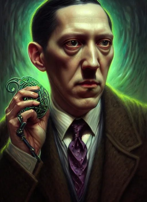 Image similar to portrait shot of h. p. lovecraft, intricate, elegant, highly detailed, centered, digital painting, artstation, concept art, smooth, sharp focus, illustration, artgerm, tomasz alen kopera, peter mohrbacher, donato giancola, joseph christian leyendecker, wlop, boris vallejo