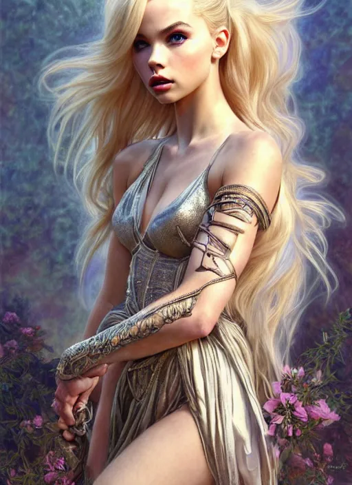 Image similar to ultra realistic illustration, a stunningly beautiful greek gothic goddess of chaos played by jordyn jones and dove cameron and margot robbie and taylor swift and megan fox and adriana lima, intricate, elegant, highly detailed, digital painting, artstation, concept art, smooth, sharp focus, illustration, art by artgerm and greg rutkowski and alphonse mucha