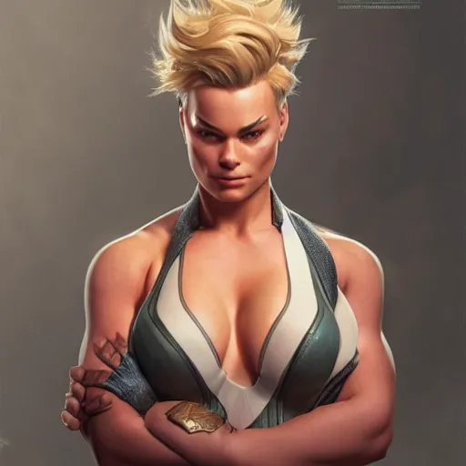 Image similar to full figure ultra realistic illustration, zarya from overwatch played by margot robbie, intricate, elegant, highly detailed, digital painting, artstation, concept art, smooth, sharp focus, illustration, art by artgerm and greg rutkowski and alphonse mucha