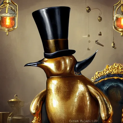 Image similar to oil painting of grumpy rich steampunk penguin sitting on fancy chair, wearing top hat, holding gold, sharp focus, fantasy style, steampunk factory background, steampunk atmosphere, factory background, factory atmosphere, , octane render, volumetric lighting, 8k high definition, by greg rutkowski, highly detailed, trending on art Station, centered