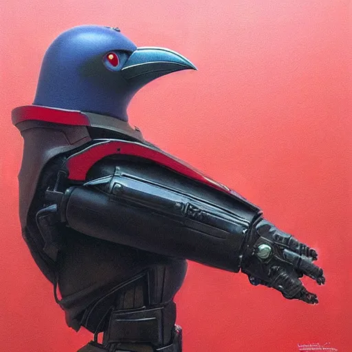 Prompt: kon - dam red gunpla droid kenku. anthropomorphic black bird head. leather jacket, science fiction, portrait by donato giancola and greg rutkowski and wayne barlow. top all time r / imaginarycyberpunk.