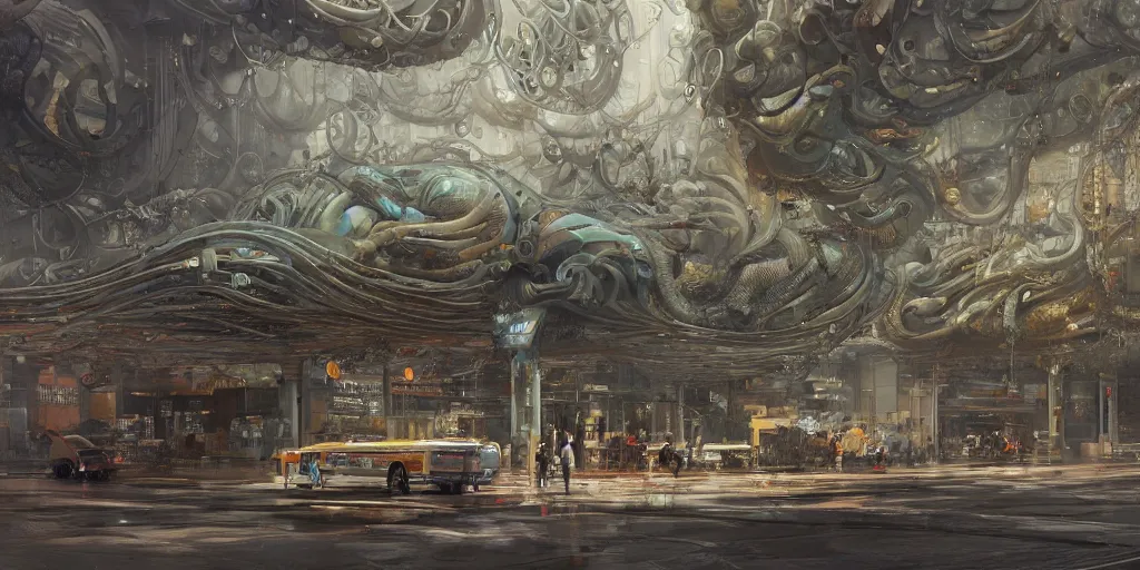 Prompt: a beautiful insanely detailed modern bus station intricate detailed color smashing fluid oilpaint, 3 d render, hyper realistic detailed, melting wax, fluid acrilic, thin fractal tendrils, scifi, fantasy, hyper detailed, octane render, concept art, clean cel shaded vector art, by peter mohrbacher, by wlop, by ruan jia