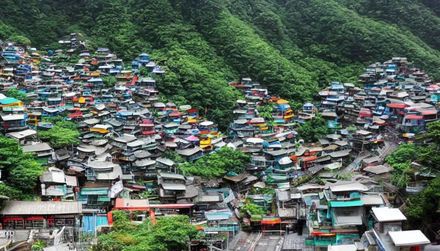 Prompt: A 1980s Japanese futuristic dream mountain town eco city themed like Jiufen, organic architecture, cable cars, chairlifts, flying cars, escalators, colorful