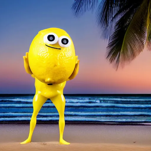 Prompt: a 5 0 mm pentax k photograph, of a fictional anthropomorphic lemon character, serious look, it has lemon skin texture, it's wearing fedora and holding a glass of lemon, building a sandcastle on the beach, at sunset, beach, huge waves, bright sun, turbid clouds, tropical trees, rim light, sand, volumetric lightening