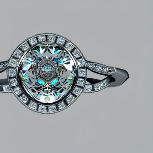 Image similar to photo of a wedding ring with two diamonds outside and one in the middle, photo realistic, hyper detailed, concept art, victorian, multiple angles