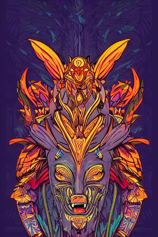 Image similar to animal mask totem roots flower tribal feather gemstone plant wood rock shaman vodoo video game vector cutout illustration vivid multicolor borderlands comics by josan gonzales and dan mumford radiating a glowing aura