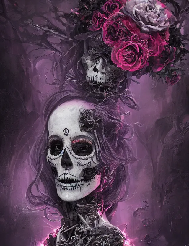 Image similar to a chaotic goddess of death skeleton as a heroine, intricate, elegant skull black rose s day of the dead atmospheric, dramatic, Trending on artstation. augmentations and cybernetic enhancements neon circuits, greg rutkowski , hyperrealist, cinema4D, 8k highly detailed