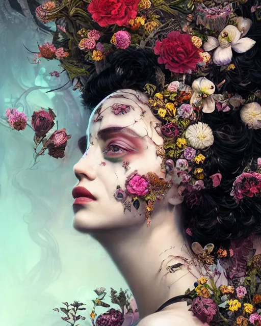 Image similar to portrait of the black queen of the underworld, surrounded by flowers by karol bak, james jean, tom bagshaw, rococo, sharp focus, trending on artstation, cinematic lighting, hyper realism, octane render, 8 k, hyper detailed.