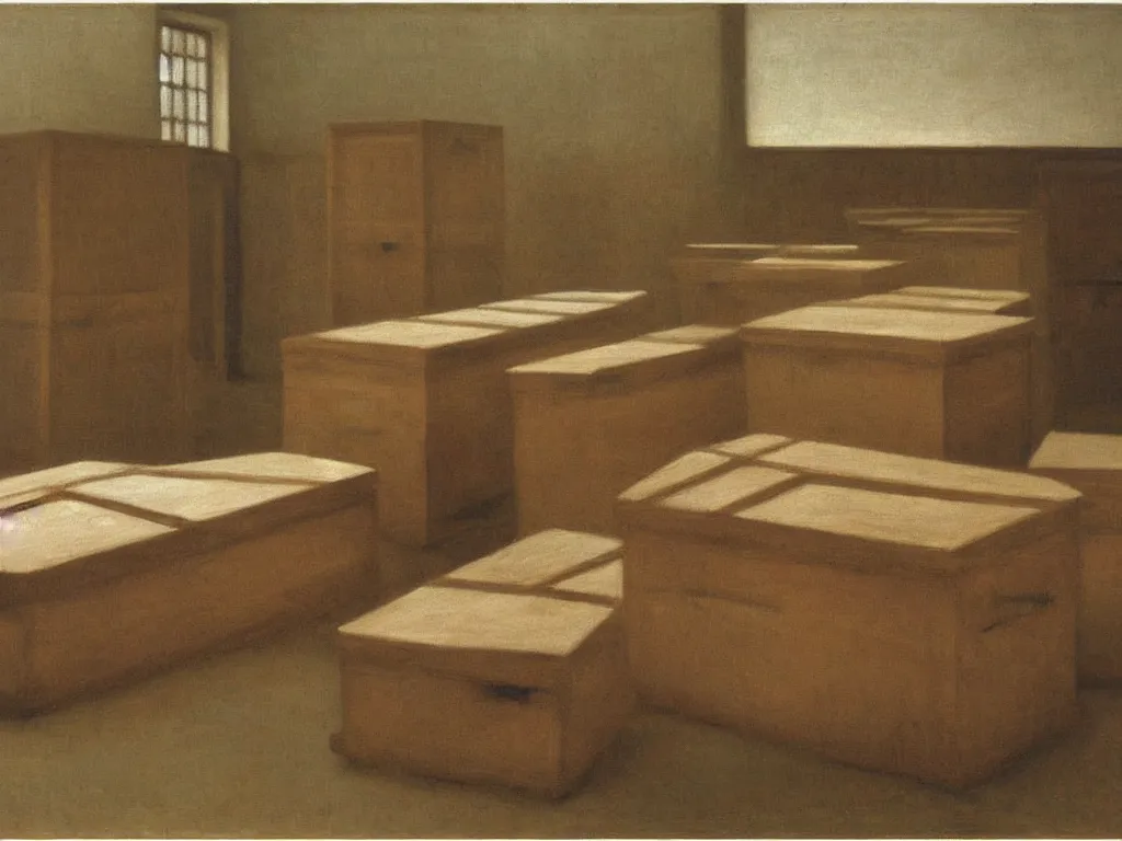 Image similar to Interior full of wooden coffins. Grazing, harsh light. Painting by Vilhelm Hammershoi