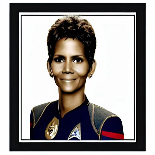 Image similar to a beautiful full body photograph of halle berry as a star fleet admiral from star trek next generation, full dress uniform, symmetrical face, extreme realism and detail, 8 k, completely framed, direct lighting, 3 5 mm photo, photorealistic, sharp focus