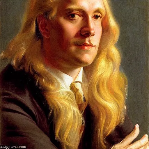 Prompt: a beautiful portrait of George Floyd with long golden blond hair gazing warmly at the viewer, golden hour, by J.C Leyendecker and Peter Paul Rubens