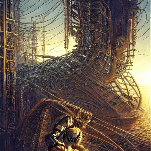 Image similar to cyberpunk harpooner, atmospheric lighting, painted, intricate, golden and grey hour, ultra detailed by peter gric, giger, enki bilal