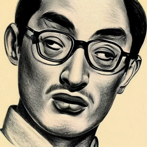 Image similar to A 1950s Style Comic-Like Drawing of Filthy Frank, grainy, realistic, hyperrealistic, very realistic, very very realistic, highly detailed, very detailed, extremely detailed, detailed, digital art, trending on artstation, detailed face, very detailed face, very detailed face, realism, HD Quality, 8k resolution, intricate details, body and head in frame, drawing, inked drawing, comic drawing, neat drawing, 1950s, 50s, in the style of Frank Hampson, in the style of Frank Bellamy, in the style of Dave Gibbons, in the style of Don Lawrence, in the style of Wally Wood