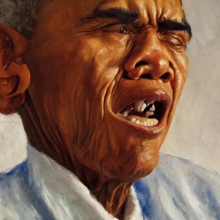 Prompt: warmly lit close up studio portrait of very old angry! Barack Obama age 115 angrily singing, impasto oil painting thick brushstrokes by Cy Twombly and Willem De Kooning , trending on artstation dramatic lighting Expressionism