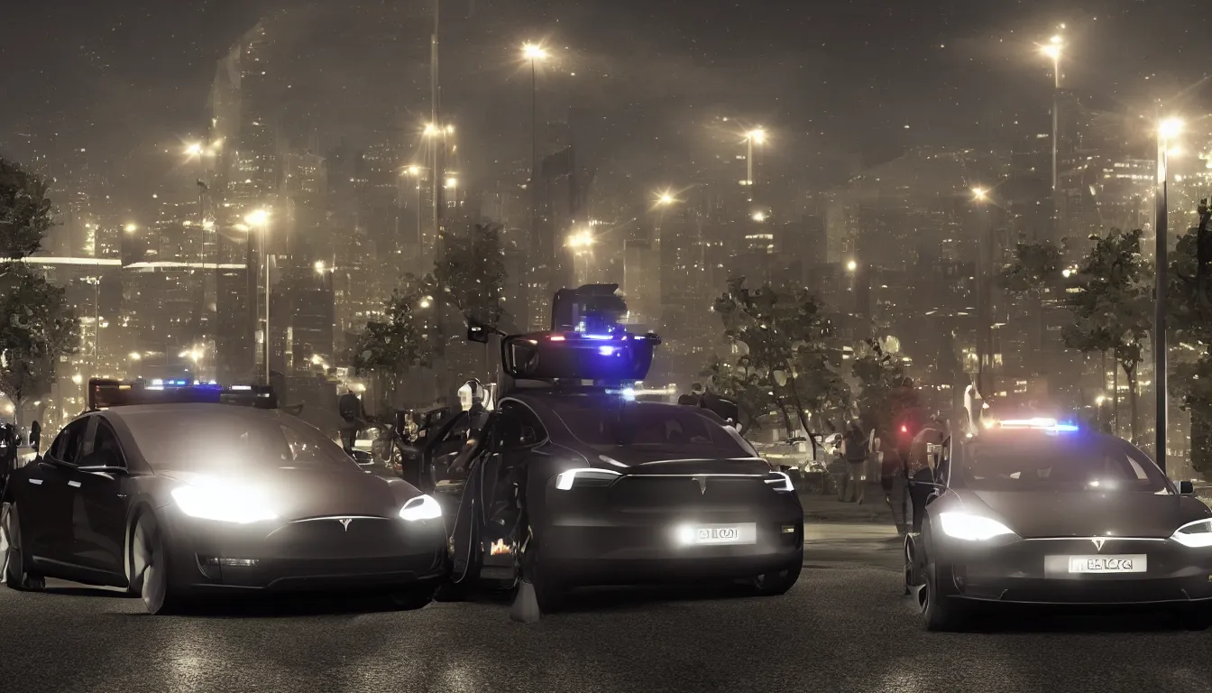 Prompt: Police Tesla at night with lights on, photorealistic, cinematic