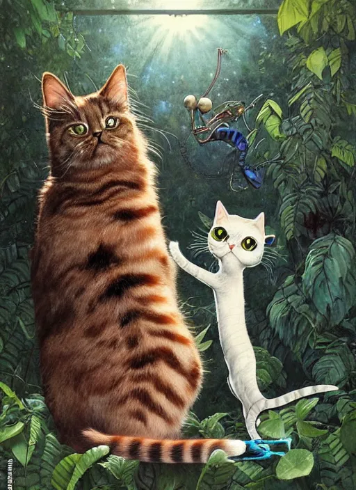 Image similar to a hyper realistic cat meeting an alien. and sunbeams blue sky, lush forest foliage painting by chiara bautista and norman rockwell and greg rutkowski weta studio, and lucasfilm