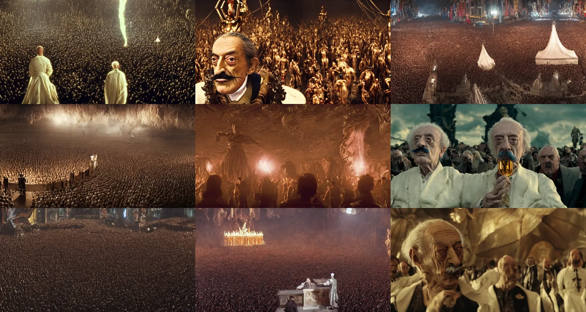 Prompt: the extreme long shot of drunk salvador dali in the role of emperor | crowd of people | still frame from the prometheus movie by ridley scott and alejandro jodorowsky with cinematogrophy of christopher doyle, anamorphic bokeh and lens flares, 8 k, higly detailed masterpiece