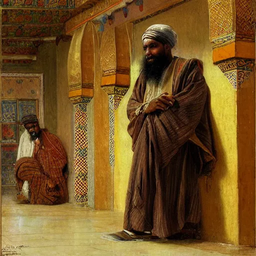 Prompt: a man with somali facial features, long curly hair, inside a masjid, by frederick arthur bridgman