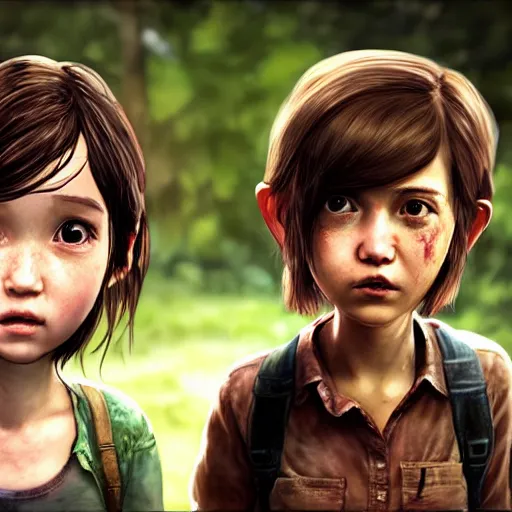 Prompt: Extremely cute and adorable 8k HD key visual of Ellie (The Last of Us) and Marinette Dupain-Cheng posing for the camera doing a v-sign with their fingers, official media, lowbrow painting by Mark Ryden. The art style is quite chibi, with large heads and big wide eyes. 3D render diorama Macro photography