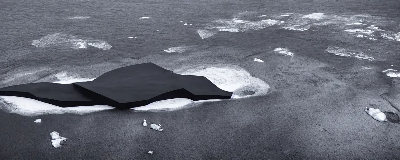 Image similar to cinematic shot of giant symmetrical futuristic military spacecraft in the middle of an endless black sand beach in iceland with icebergs in the distance,, 2 8 mm