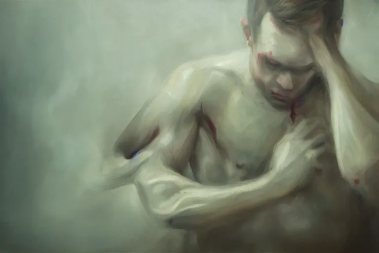 Prompt: a mans ghost leaving the body, depressing art, oil painting, trending on artstation, 4k