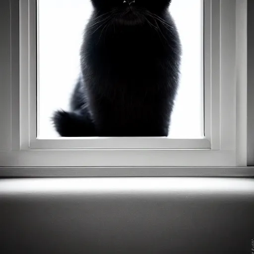 Prompt: national geographic photograph of a black longhair cat sitting in a white room