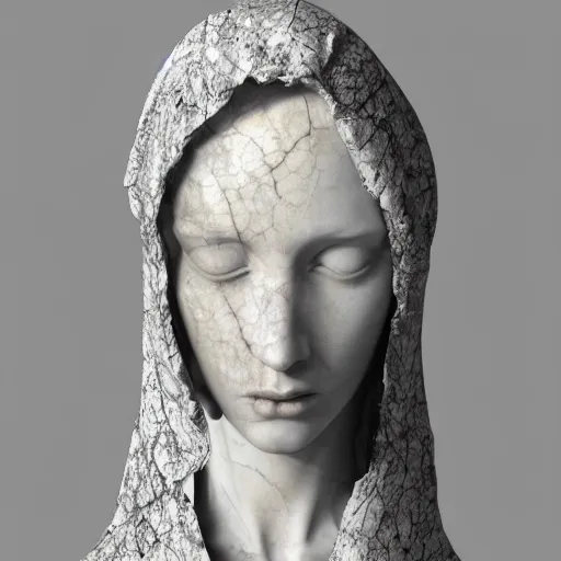 Prompt: a masterpiece marble sculpture of the hooded virgin, !cracks, !dramatic !face, !female, covered in intricate !detailed !!streaked veil , physically based rendering, ultra photo realistic, cinematic lighting , dark background by Dan Hillier