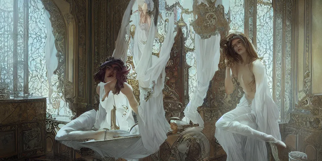 Image similar to in the bathroom of an incredible palace with the beautiful Natalia Vodianova, greg rutkowski and alphonse mucha, matte painting, artstation, illustration