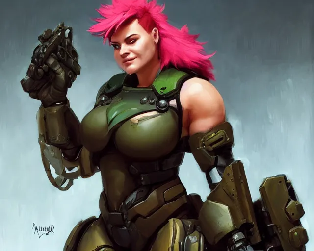 Image similar to oil painting of zarya from overwatch as a doomguy, elegant, detailed, fantasy, hd shot, digital portrait, beautiful, artstation, comic style, unreal engine, by artgerm, guy denning, jakub rozalski, magali villeneuve and charlie bowater