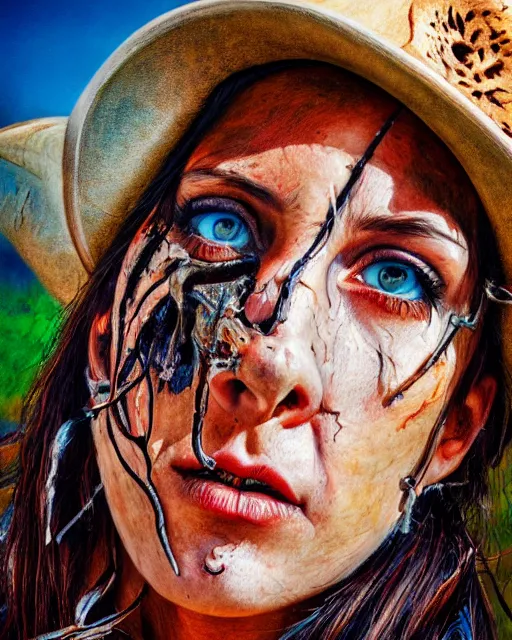 Prompt: acrylic portrait of scarred cowgirl, high production value, intricate details, high resolution, hdr, high definition, masterpiece, realistic, ultrarealistic, highly detailed, hd, sharp focus, non blurry, sharp, smooth