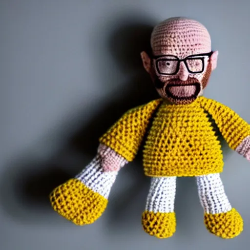 Prompt: walter white as a knitted crochet doll, 4 k, hyper realistic, dslr, high resolution, landscape, beautiful