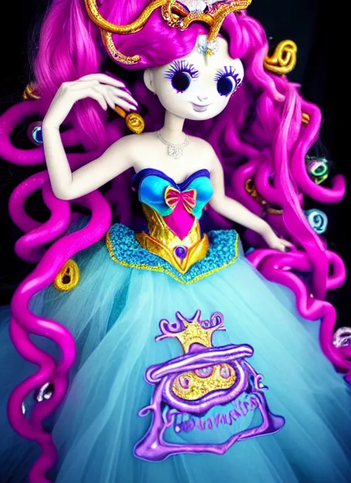 Prompt: A full body shot of a cute and mischievous monster princess with Sailor Moon hair made of tentacles wearing an ornate ball gown covered in jewels. Dynamic Pose. Quinceanera dress. Rainbow palette. rainbowcore. Eldritch Beauty. defined facial features, symmetrical facial features. Opalescent surface. beautiful lighting. By Giger and Ruan Jia and Artgerm and WLOP and William-Adolphe Bouguereau. Photo real. Hyper-real. Photorealism. Fantasy Illustration. Sailor Moon hair. Masterpiece. trending on artstation, featured on pixiv, award winning, cinematic composition, dramatic pose, sharp, details, Hyper-detailed, HD, HDR, 4K, 8K.