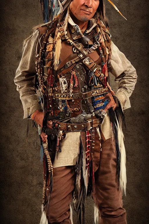 Prompt: deadlands character portrait of a thin native american indian man in his early 3 0 s, wearing traditional cargo buckskin jacket buckskin tactical toolbelt pockets bandolier full of trinket and baubles, steampunk arcane tribal shaman, weird west, by steve henderson, sandra chevrier, alex horley