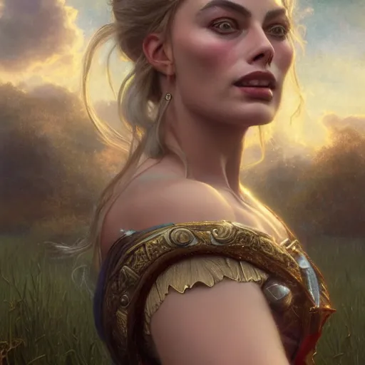 Prompt: Magic portrait painting of Margot Robbie, fantasy city background, dramatic sky, light particles, drawn by Donato Giancola and Tom Bagshaw, Edmund Leighton, Alphonse Mucha, 4k, volumetric lighting, komorebi, award winning, octane render, hyperrealistic