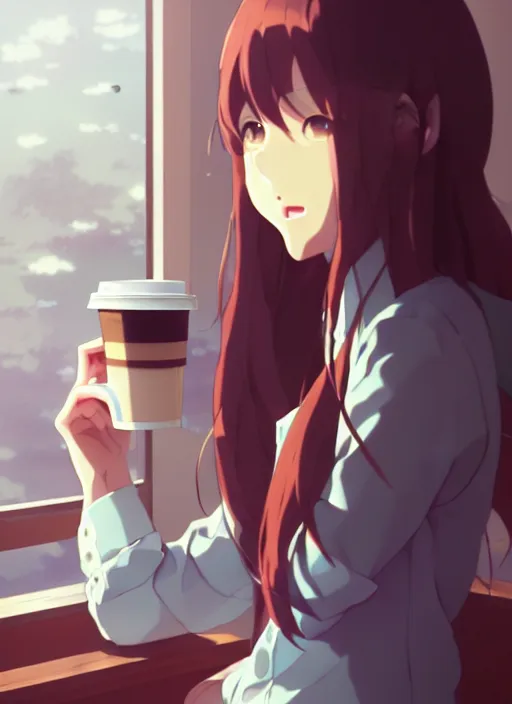 Image similar to girl with a cup of coffee in the office, illustration concept art anime key visual trending pixiv fanbox by wlop and greg rutkowski and makoto shinkai and studio ghibli