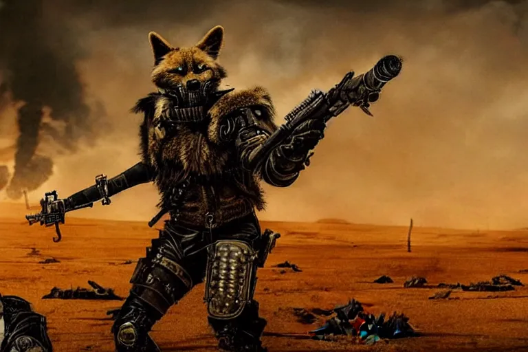 Prompt: a fursona ( from the furry fandom ), heavily armed and armored facing down armageddon in a dark and gritty version from the makers of mad max : fury road.
