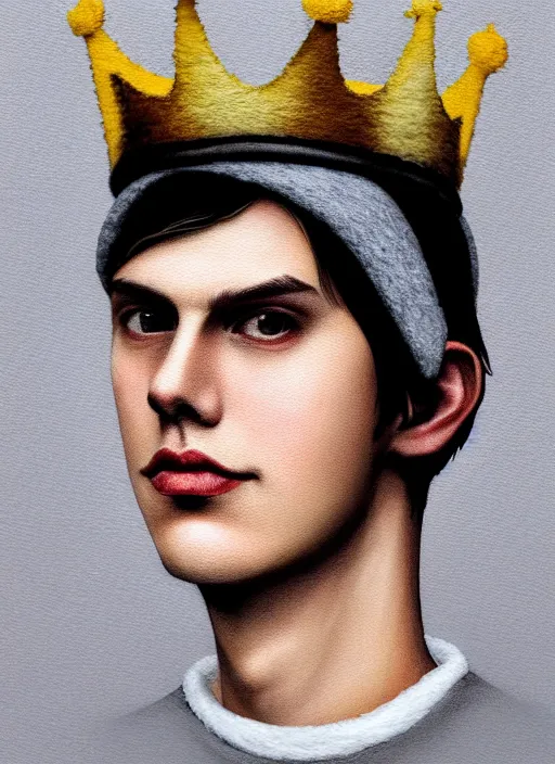 Image similar to portrait of teenage jughead jones wearing a light grey crown, photorealistic, crown made of felt fabric, crown, crown made of felt, black hair, intricate, elegant, highly detailed, digital painting, glowing lights, artstation, concept art, smooth, sharp focus, illustration, art by wlop, mars ravelo and greg rutkowski