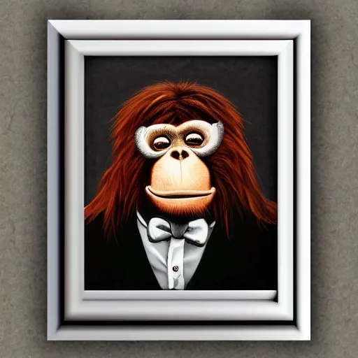 Image similar to framed portrait painting of an anthropomorphized orangutan, wearing a monocle and a small bowler hat, oversized mustache. dark outlining style. highly detailed. style of chuck u