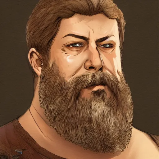 Prompt: portrait, 5 0 years old man, large, stocky : : fantasy : : brown hair, sympathetic, short brown beard : : noble medieval clothing : : high detail, digital art, rpg, concept art, illustration