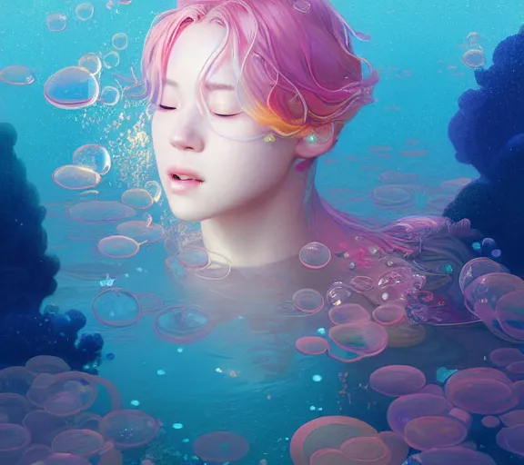Prompt: harmony of underwater bubbles, light language, pink haired jimin eyes closed, rainbow line - art, by wlop, james jean, victo ngai! muted colors, highly detailed, fantasy art by craig mullins, thomas kinkade
