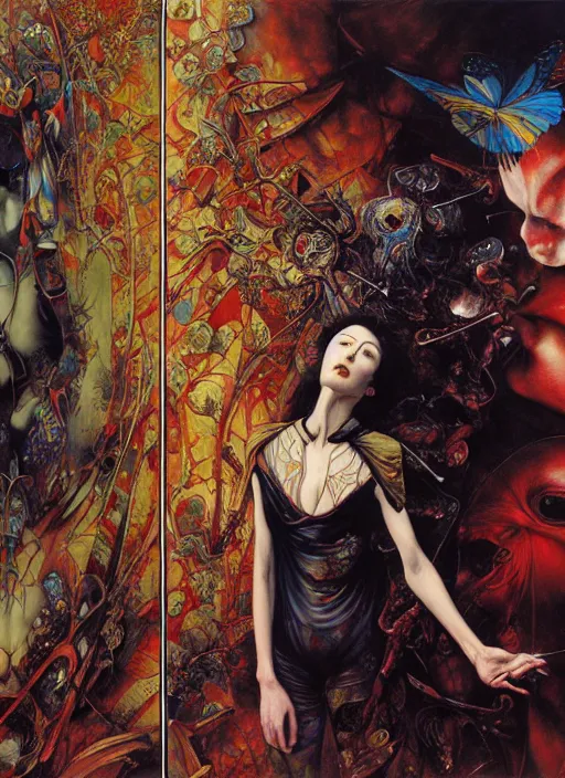 Prompt: realistic detailed image of an artist and an alive painting in an old soviet apartment by Ayami Kojima, Amano, Karol Bak, Greg Hildebrandt, and Mark Brooks, Neo-Gothic, gothic, rich deep colors. Beksinski painting, part by Adrian Ghenie and Gerhard Richter. art by Takato Yamamoto. masterpiece