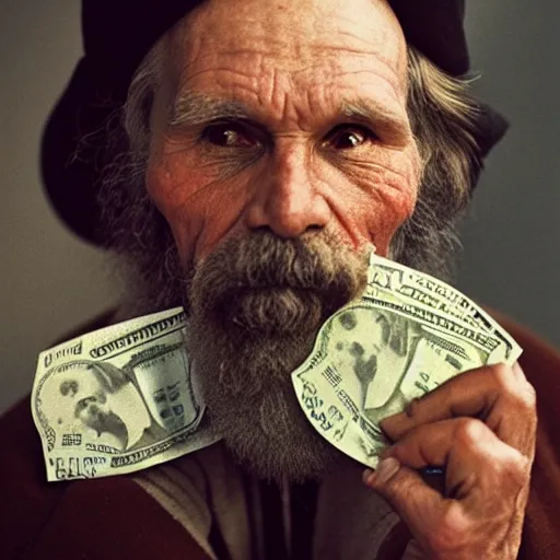 Prompt: portrait of Leo Tolstoy holding a pack of dollars, by Steve McCurry, clean, detailed, award winning