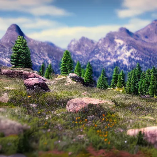 Image similar to rocky mountains, spring, detailed, unreal engine 5, flickr picture, tilt shift