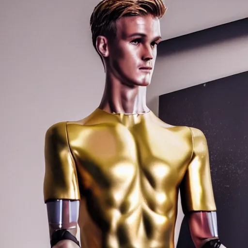 Image similar to a realistic detailed photo of a guy who is an attractive humanoid who is half robot and half humanoid, who is a male android, soccer player martin ødegaard, shiny skin, posing like a statue, blank stare, in a living room, on display, showing off his muscles, gold soccer shorts, side view