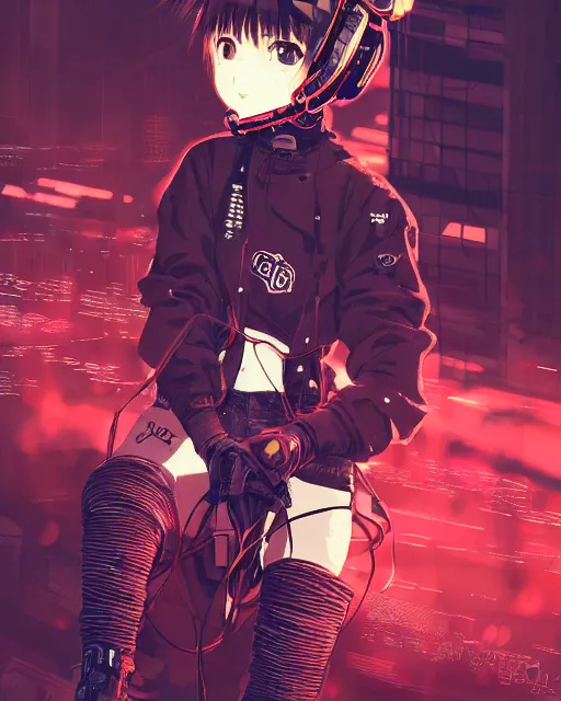 Image similar to kyoto animation girl wearing cyberpunk intricate streetwear riding dirt bike, respirator, detailed portrait, cell shaded, 4 k, concept art, by wlop, ilya kuvshinov, artgerm, krenz cushart, greg rutkowski, pixiv. cinematic dramatic atmosphere, sharp focus, volumetric lighting, cinematic lighting, studio quality