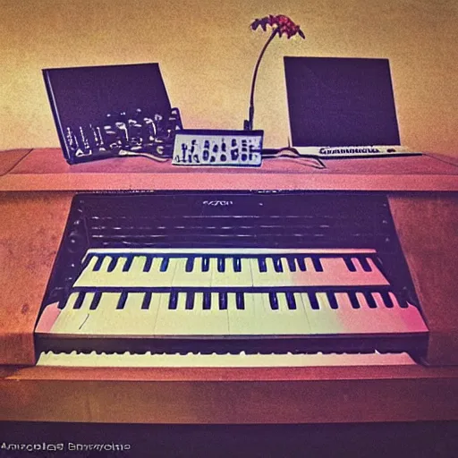 Prompt: moog synth with flowers and tiny hallucinations, by alexandros pyromallis