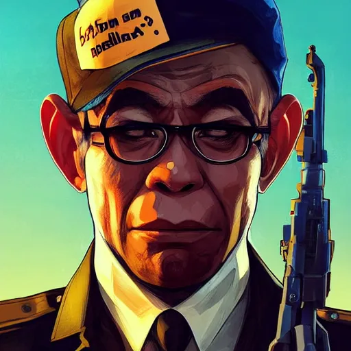 Image similar to [Monkey as president of Banana as GTA character, propaganda!, closeup, D&D, intricate, elegant, highly detailed, digital painting, artstation, concept art, matte, sharp focus, illustration, art by Artgerm and Greg Rutkowski and Alphonse Mucha and Enki Bilal]