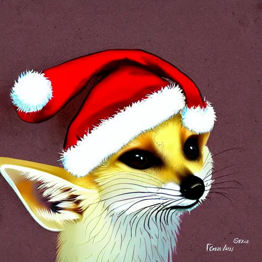 Prompt: fennec fox, wearing santa hat, digital art