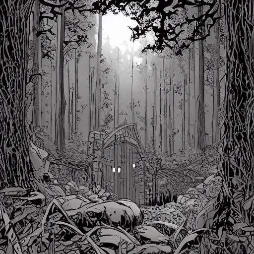 Image similar to a large doorway in the woods that leads to a strange land, highly detailed, smooth, sharp focus, bold warm and cool colours, high contrast, background depth, graphic novel, art by laurie greasley and mike mignola,