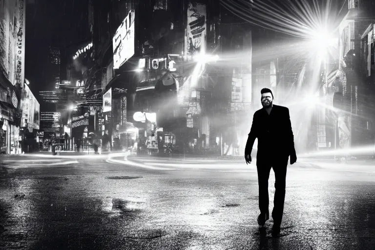 Image similar to a cinematic photograph of ricky gervais walking through a dystopian city street with a halo around his head, rain falls, neon advertisement light up the street, ultra realistic, high definition